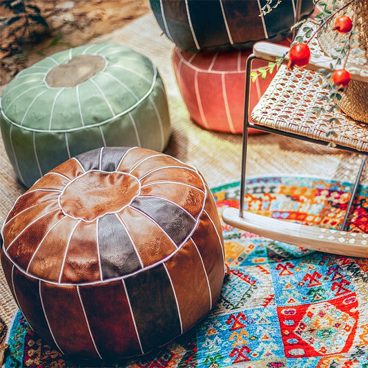 Round Moroccan Seat Cushion Cover Faux Leather Patchwork Craft Floor Hassock Ottoman Footstool Large Unstuffed Sitting Pillow