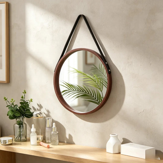 Vintage Wooden Round Wall Mirror Hanging Makeup Mirror Nordic Decor Mirror for Entryway Living Room Wall Decor
