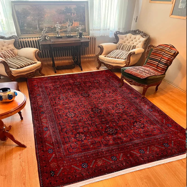 Dark Red Afghan Style Rug,Traditional Bohemian Area Rug Textured Soft Carpet Washable Non-Slip Area Rug Home Decoration Carpets