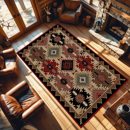 Southwestern Tribal Area Rug Aztec Rustic Area Rugs Native Geometric Rug, Non-Slip Indoor Floor Rugs for Bedroom Living Room